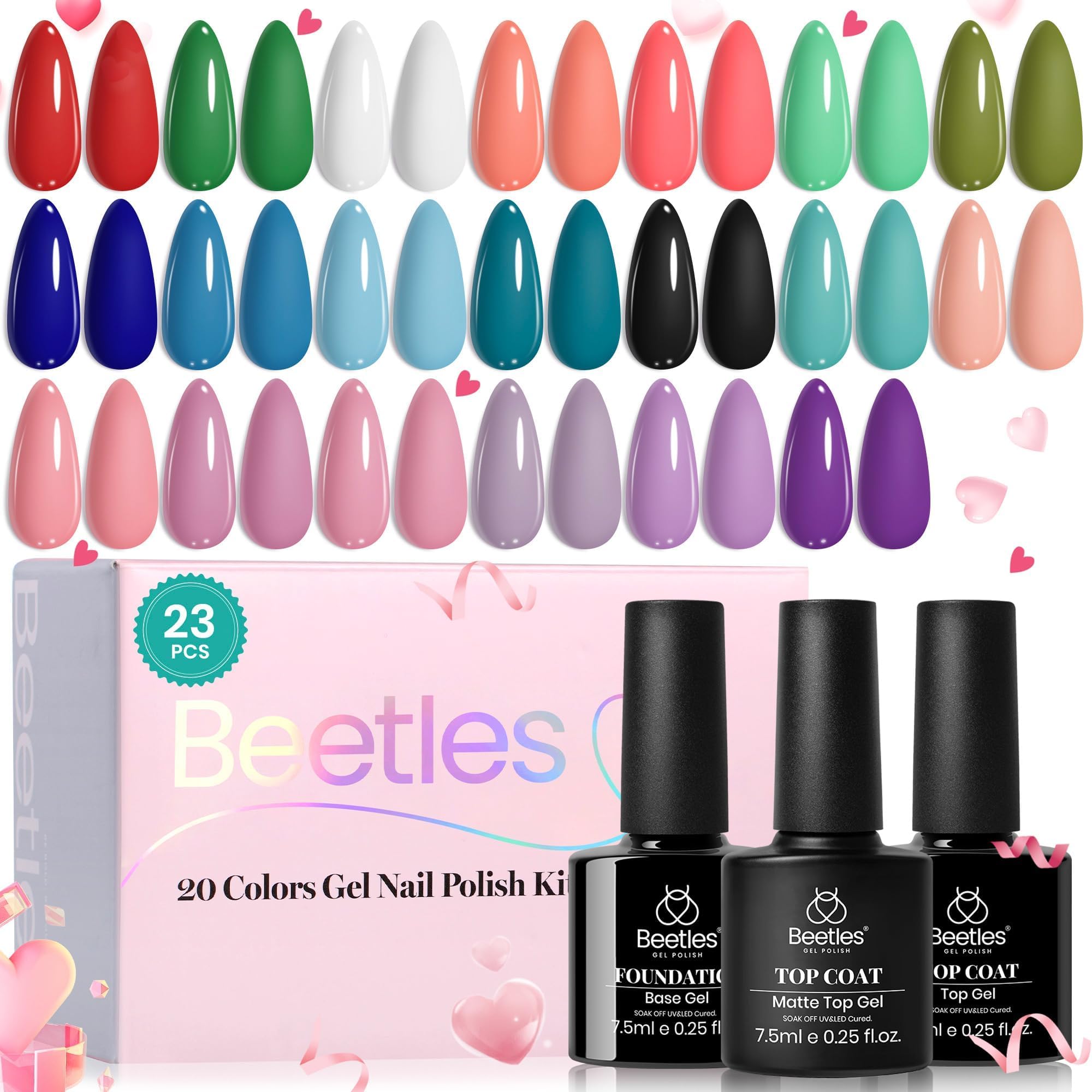 Beetles 20 Colors Gel Nail Polish Kit with Base & Top Coat - White, Black, Nude Matte & Glossy UV LED Lamp Cured Nail Polish Set for Women | DIY Salon Manicure at Home