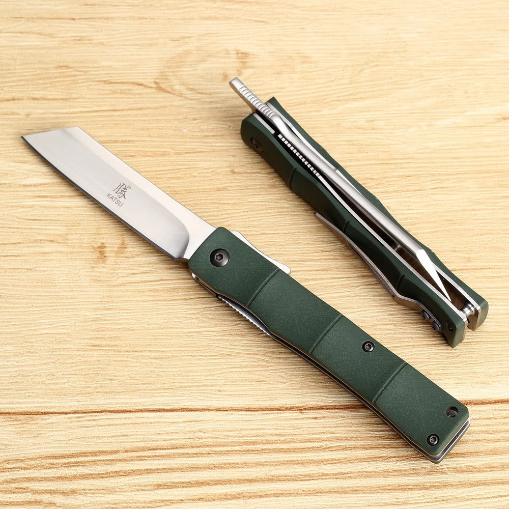 KATSU JRF01 Folding Knife - Premium D2 Steel Blade with Bamboo Style G10 Handle & Nylon Sheath - Ideal for Camping, Hiking, and Outdoor Survival Gear