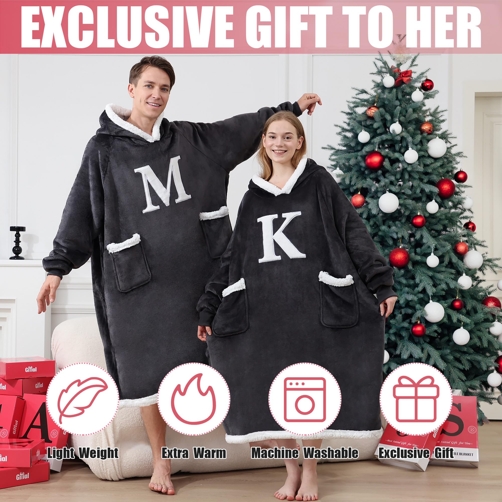Personalized Monogrammed Wearable Blanket Hoodie - Custom Initial A-Z, Soft Fleece Sweatshirt Blanket for Women, Girlfriend, Mom & Wife - Perfect for Cozy Nights, Movie Marathons & Birthday Gifts