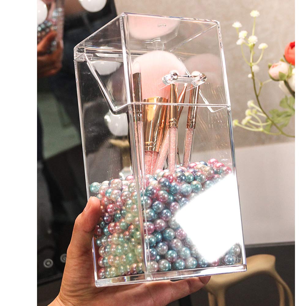 Clear Acrylic Makeup Brush Holder with Pearls - Transparent Dustproof Cosmetic Organizer Storage Box with Lid | Perfect for Vanity, Bathroom & Travel Makeup Organization