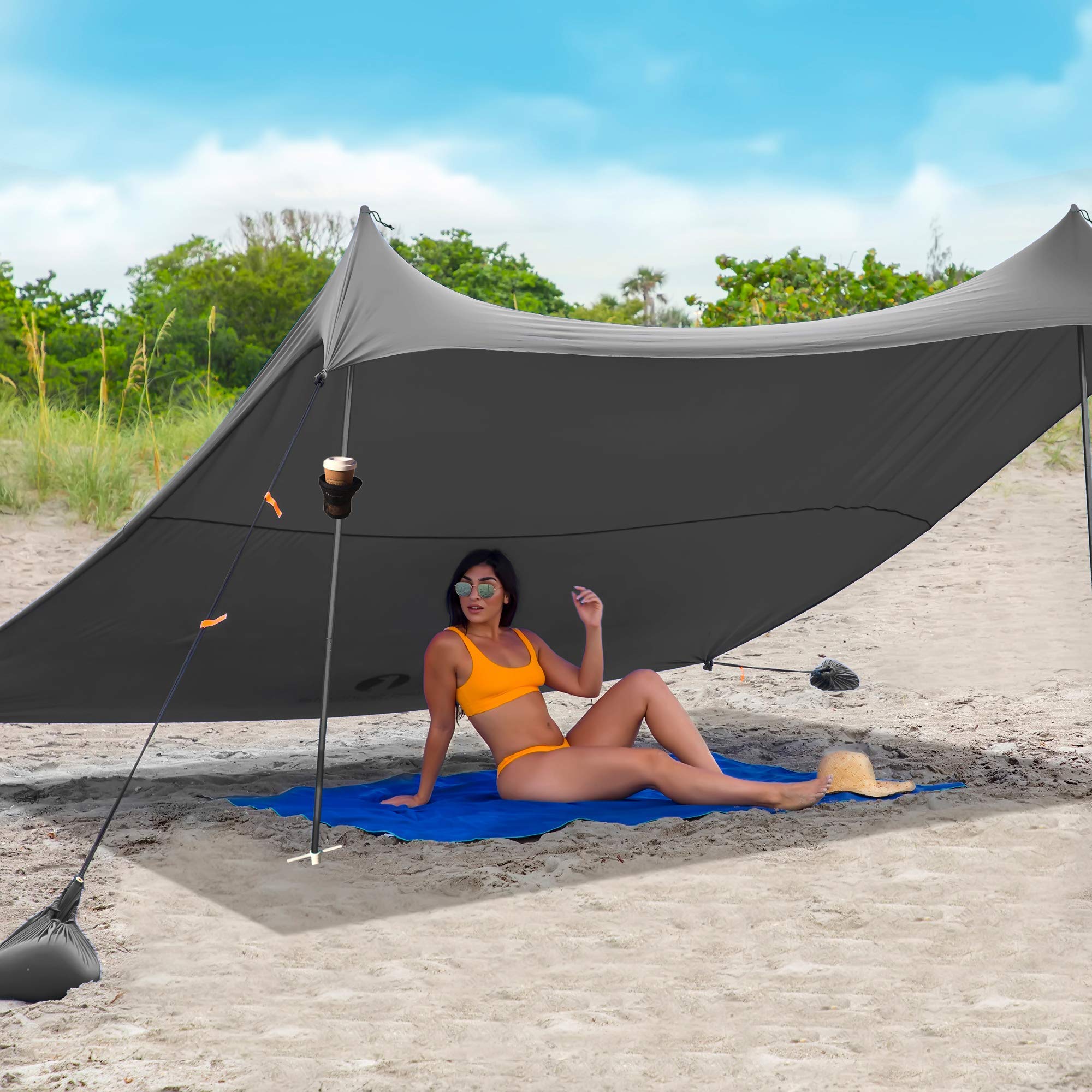 Red Suricata Family Beach Tent with UPF50 UV Sun Shade - Large Grey Beach Canopy Shelter Includes 2 Beverage Holders | Perfect for Summer Vacations, Picnics & Outdoor Family Activities