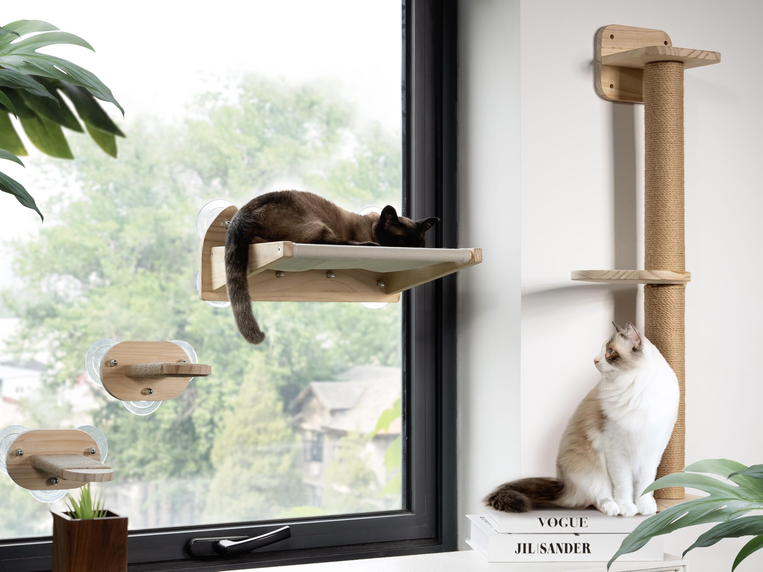 Premium 2-in-1 Cat Window Perch & Wall Shelves - Solid Wood Cat Hammock with Steps & 3-Tier Bed - Wall Mounted Cat Furniture with 18 Strong Suction Cups - Perfect for Indoor Cats to Lounge, Climb & Relax by Windows