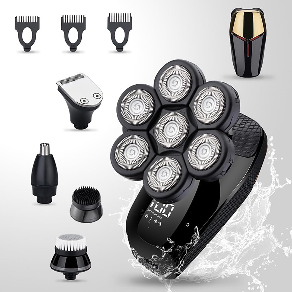 7D Electric Head Shaver for Men - 6-in-1 Bald Head Shaver & Nose Hair Trimmer with Sideburn Trimmer, Waterproof Wet/Dry Shaving Kit for Smooth Grooming at Home or Travel