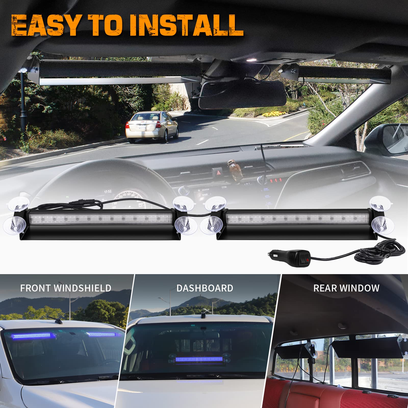 XRIDONSEN 144 LED Blue Emergency Dash Lights - 2x14 Inch Hazard Warning Strobe Lights for Firefighter, Police, and Truck Vehicles - Interior Front/Rear Windshield Split Mount - Ideal for Emergency Response, Roadside Assistance & Safety Scenarios
