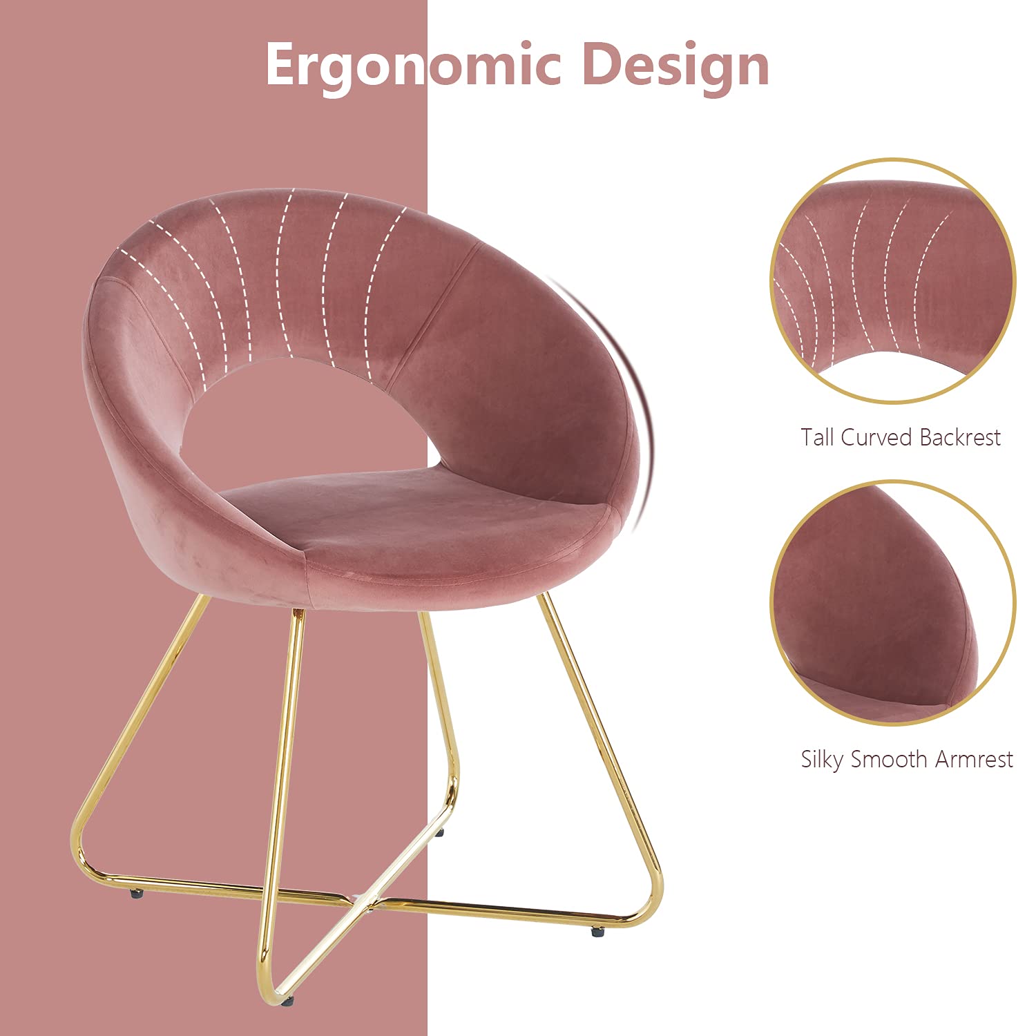 Modern Velvet Accent Chairs Set of 2 - Pink Upholstered Dining Armchairs with Golden Metal Legs for Living Room, Lounge & Leisure | Elegant Home Decor for Dining Area, Coffee Corner & Reading Nook