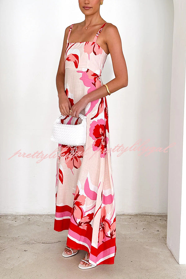 Floral Print Square Neck Maxi Dress with Strap & Large Hem - Elegant Summer Beach Wedding Party Dress for Women