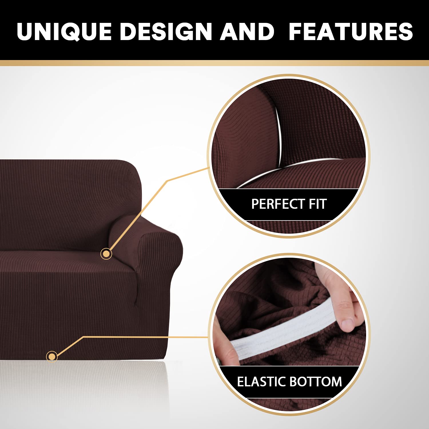 PrinceDeco Stretch Loveseat Sofa Cover Slipcover - Washable 2-Cushion Couch Cover with Non-Slip Bottom, Pet-Friendly Furniture Protector (Brown) - Perfect for Living Room, Apartment & Pet Owners