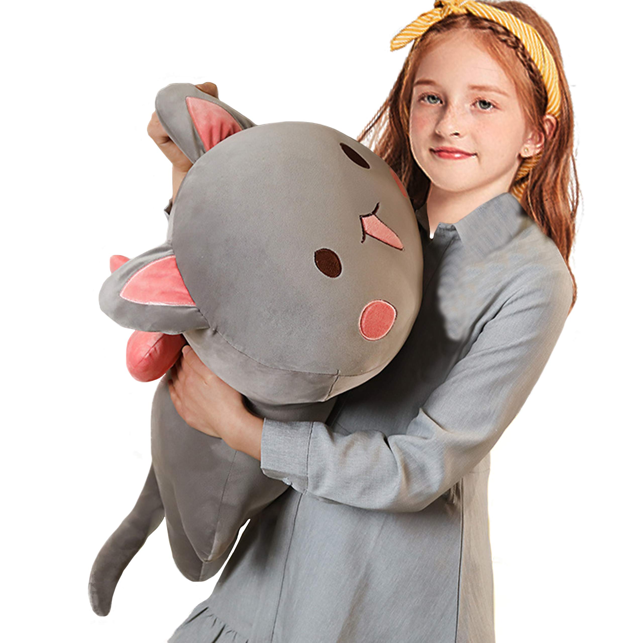 ELAINREN Large Fluffy Cuddle Cat Plush Pillow - Soft Kitty Body Pillow, Gray Stuffed Animal (25.6 Inches) for Teens & Adults - Perfect for Sleeping, Decor & Gifts