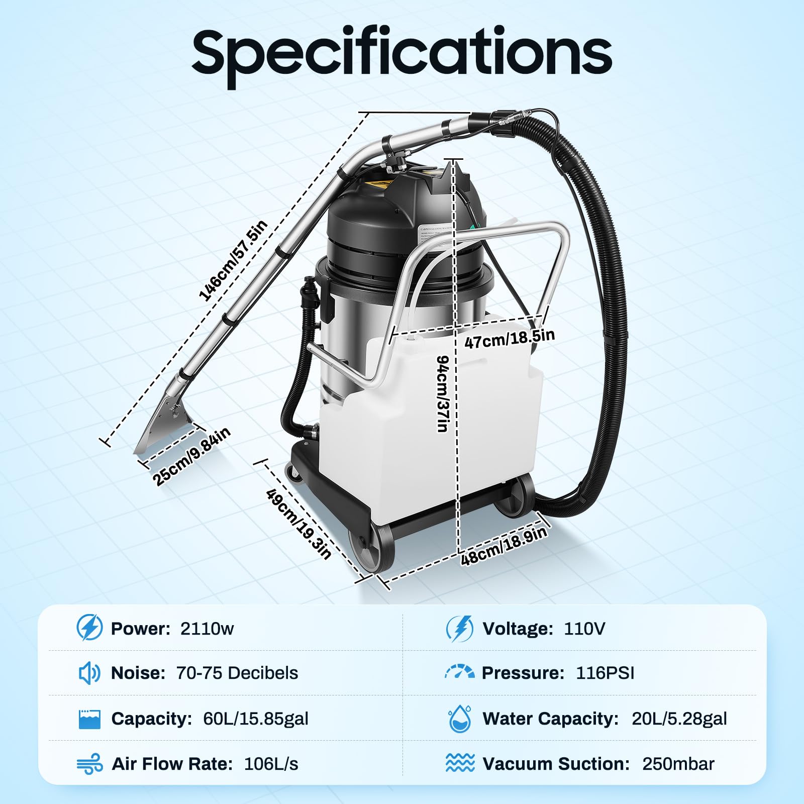 60L Commercial Carpet Cleaner Machine - 110V Deep Cleaner for Carpets, Sofas & Curtains | Portable Carpet Shampooer & Floor Scrubber with Dust Extraction | Perfect for Home, Office & Commercial Cleaning