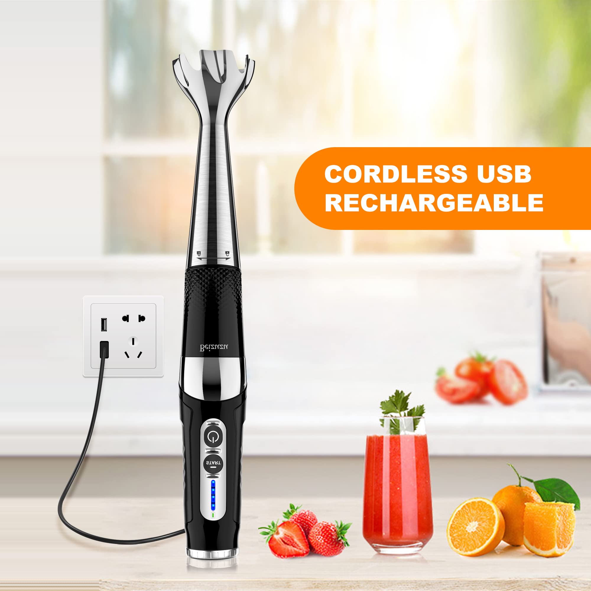 USB Rechargeable Cordless Immersion Blender - 21-Speed 3-Angle Adjustable Hand Blender with 304 Stainless Steel Blades for Smoothies, Soup, Milkshakes, Puree & Baby Food | Perfect for Kitchen, Camping & Small Spaces (Black)