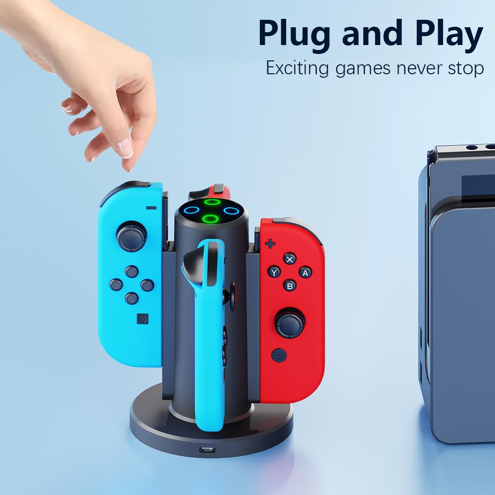 HONCAM 4-in-1 Joycon Charging Dock for Nintendo Switch Controller - Fast USB-C Charging Station with LED Indicators | Perfect for Gaming Nights, Travel & Multiplayer Sessions (Black)