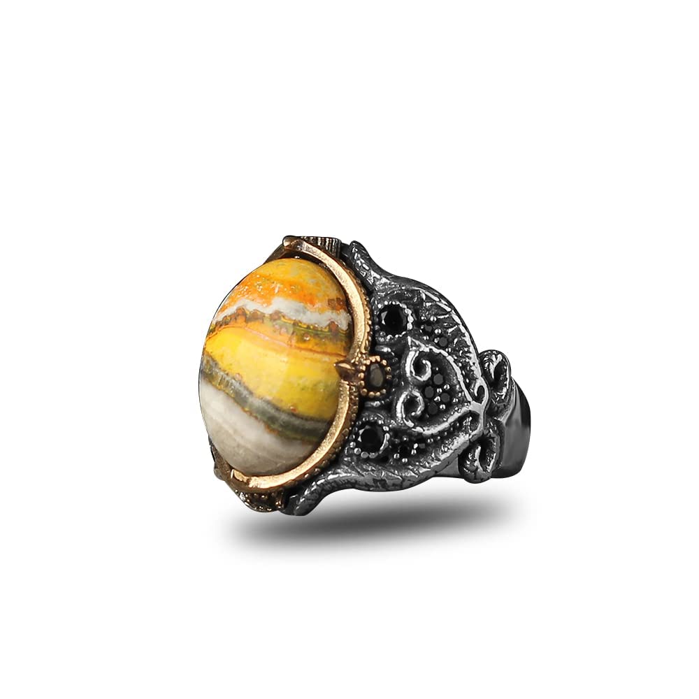 925 Sterling Silver BumbleBee Jasper Gemstone Ring for Men - Handmade Ottoman Turkish Style Jewelry - Unique Gift for Boyfriend, Husband, Father | Perfect for Birthdays, Anniversaries & Special Occasions