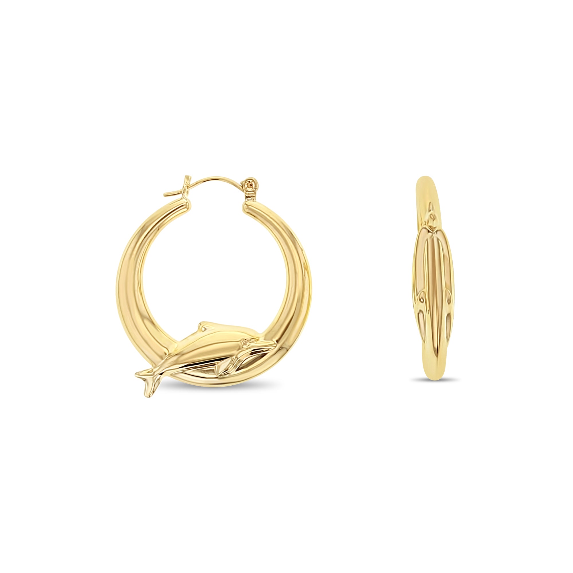 14K Yellow Gold Polished Dolphin Hoop Earrings - Elegant & Durable for Everyday Wear, Parties & Gifting