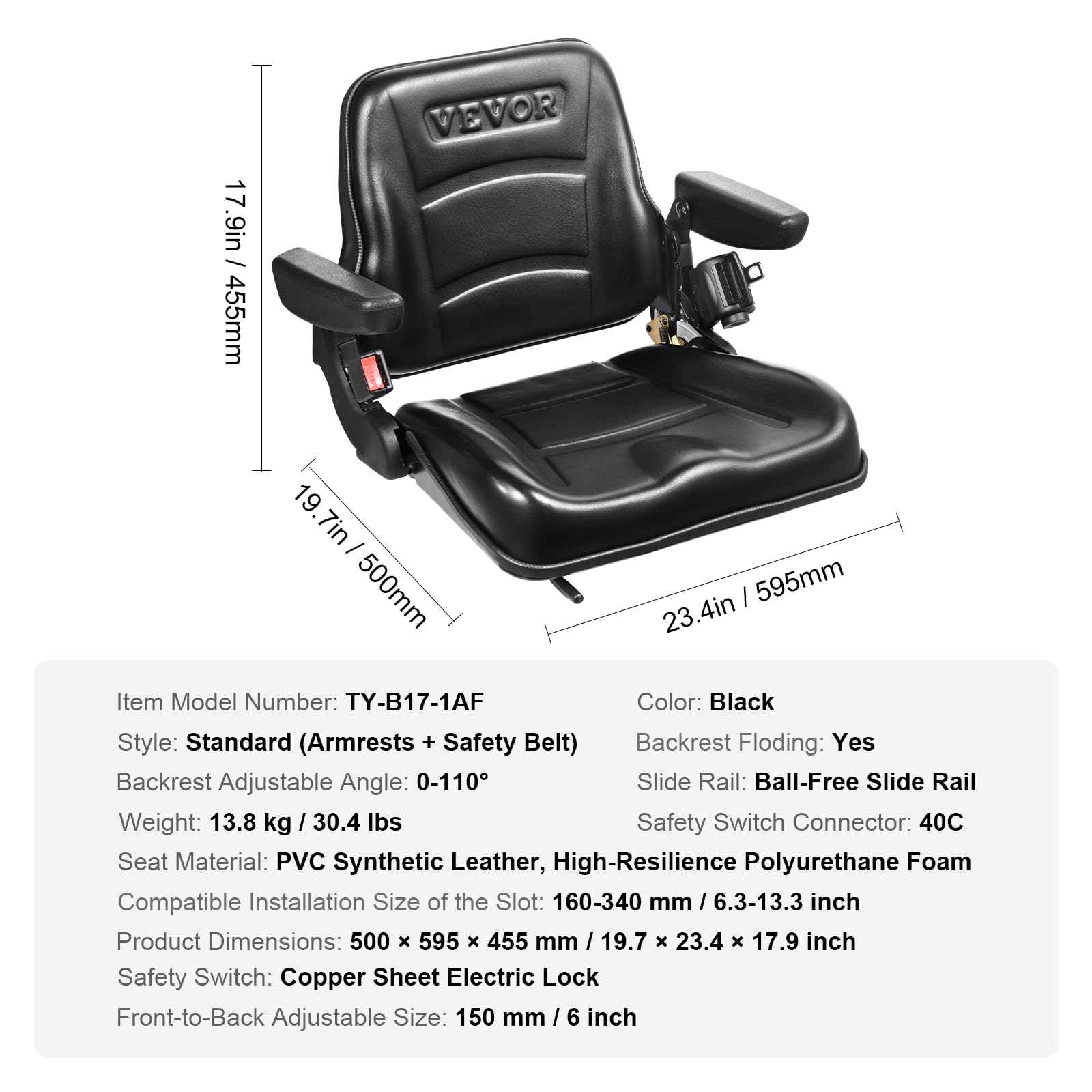 VEVOR Universal Forklift Seat - Adjustable Angle Back, Fold Down Tractor Seat with Micro Switch, Seatbelt & Armrests - Fits 6.3-13.4 inch Slot for Tractor, Loader, Excavator - Perfect for Construction, Farming & Heavy Equipment Operations