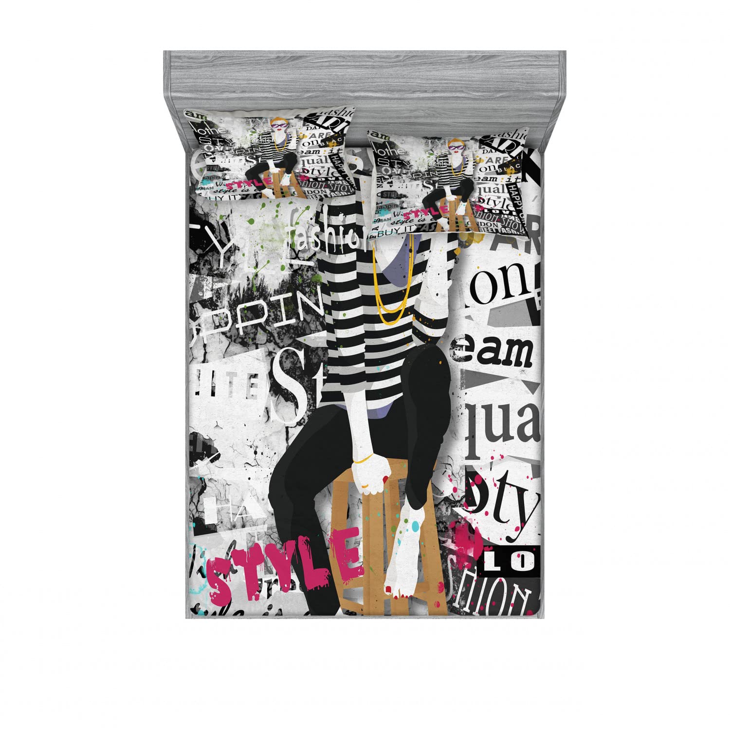Ambesonne 2-Piece Queen Size Fitted Sheet Set with 4 Pillow Shams - Grunge Fashion Girl Pattern in Black & White - Soft Bedding for Teens & Adults - Perfect for Dorm Rooms, Guest Bedrooms & Modern Home Decor