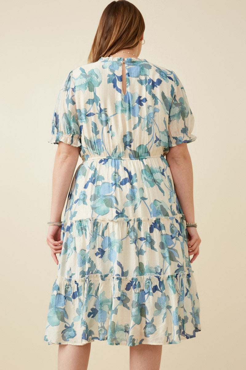 Women's Textured Floral Print Ruffle Neck Short Sleeve Summer Dress - Perfect for Beach Vacations, Garden Parties & Casual Outings