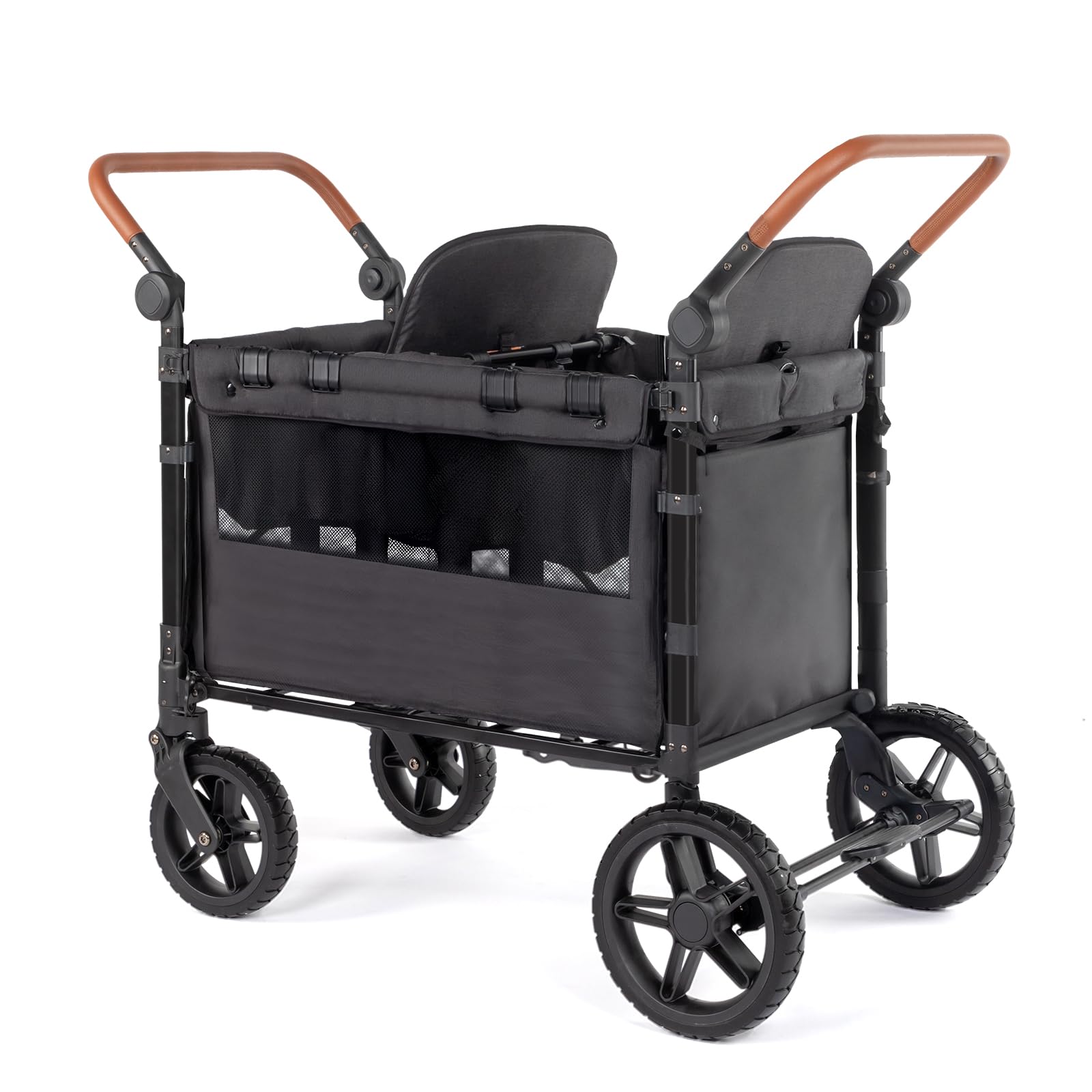 **4-Seater Foldable Stroller Wagon for Kids - Adjustable Handle, Canopy, Organizer & 5-Point Safety Harness (Black) - Perfect for Family Outings, Beach Trips & Shopping**