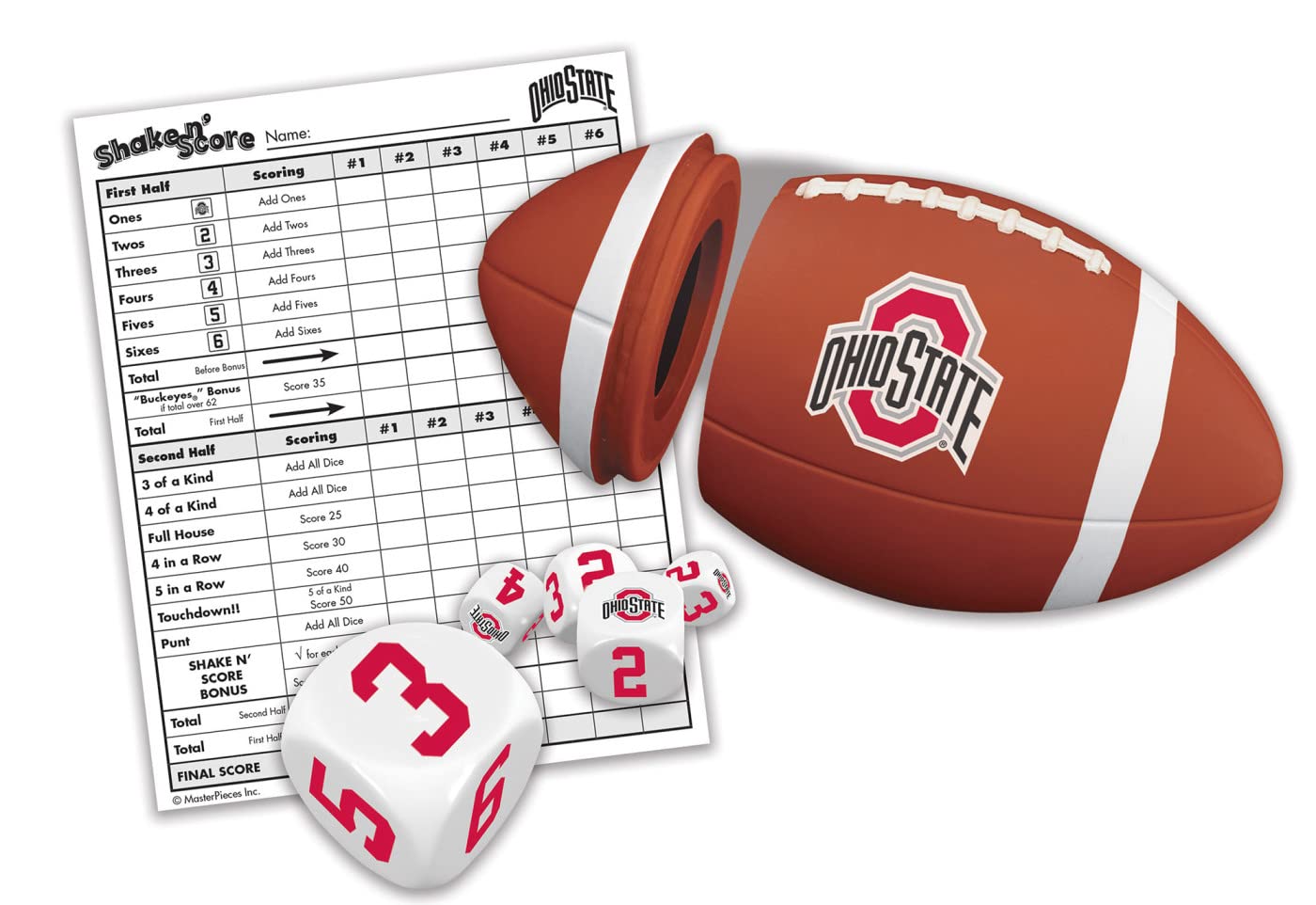 MasterPieces NCAA Ohio State Buckeyes Shake N' Score Dice Game - Fun Football Party Game for Tailgating & Game Nights