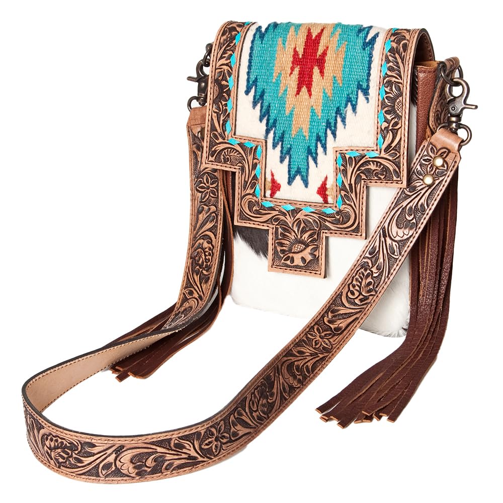Genuine Leather Western Crossbody Bag for Women – Hand Tooled Saddle Blanket Design with Hair-On Hide | Stylish Cowgirl Purse | Perfect for Rodeo, Country Music Festivals & Western Fashion