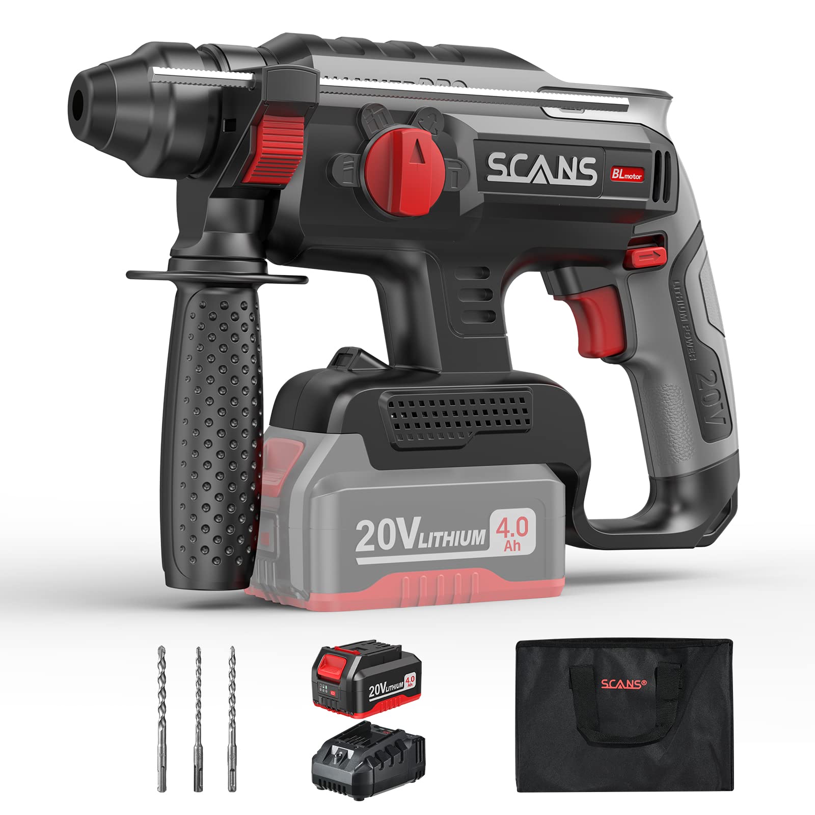 20V Brushless Heavy Duty Rotary Hammer Drill with 4.0A Battery & Charger - SDS Chuck, 4 Modes, Adjustable Handle - Perfect for Drilling Walls, Concrete, Brick, Tile & Metal - Ideal for Construction, Renovation & DIY Projects