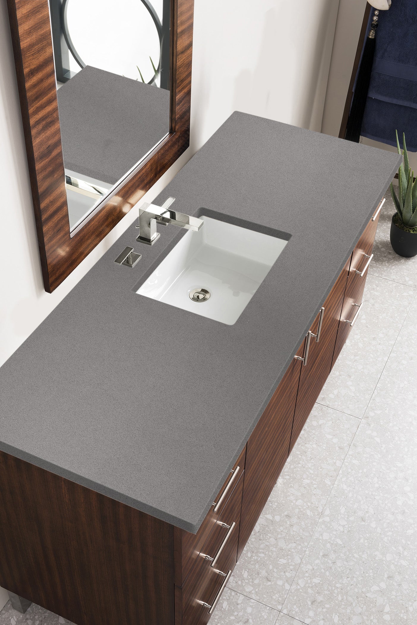 Metropolitan 60 Inch Single Bathroom Vanity with American Walnut Finish & 3CM Gray Expo Quartz Countertop - Perfect for Modern Master Bathrooms and Powder Rooms