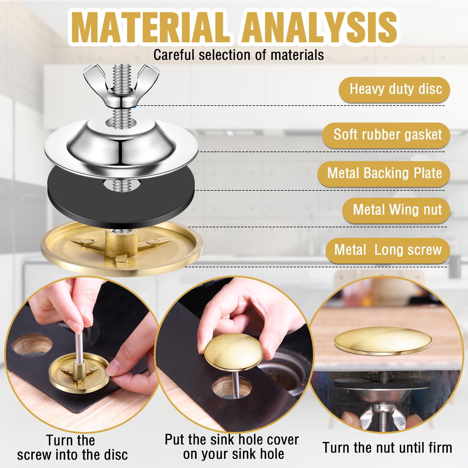 2 Inch Stainless Steel Kitchen Sink Hole Cover - Brushed Gold Faucet Hole Plate Stopper, Blanking Metal Plug for Sink Tap - Perfect for Kitchen Renovation & Bathroom Upgrades
