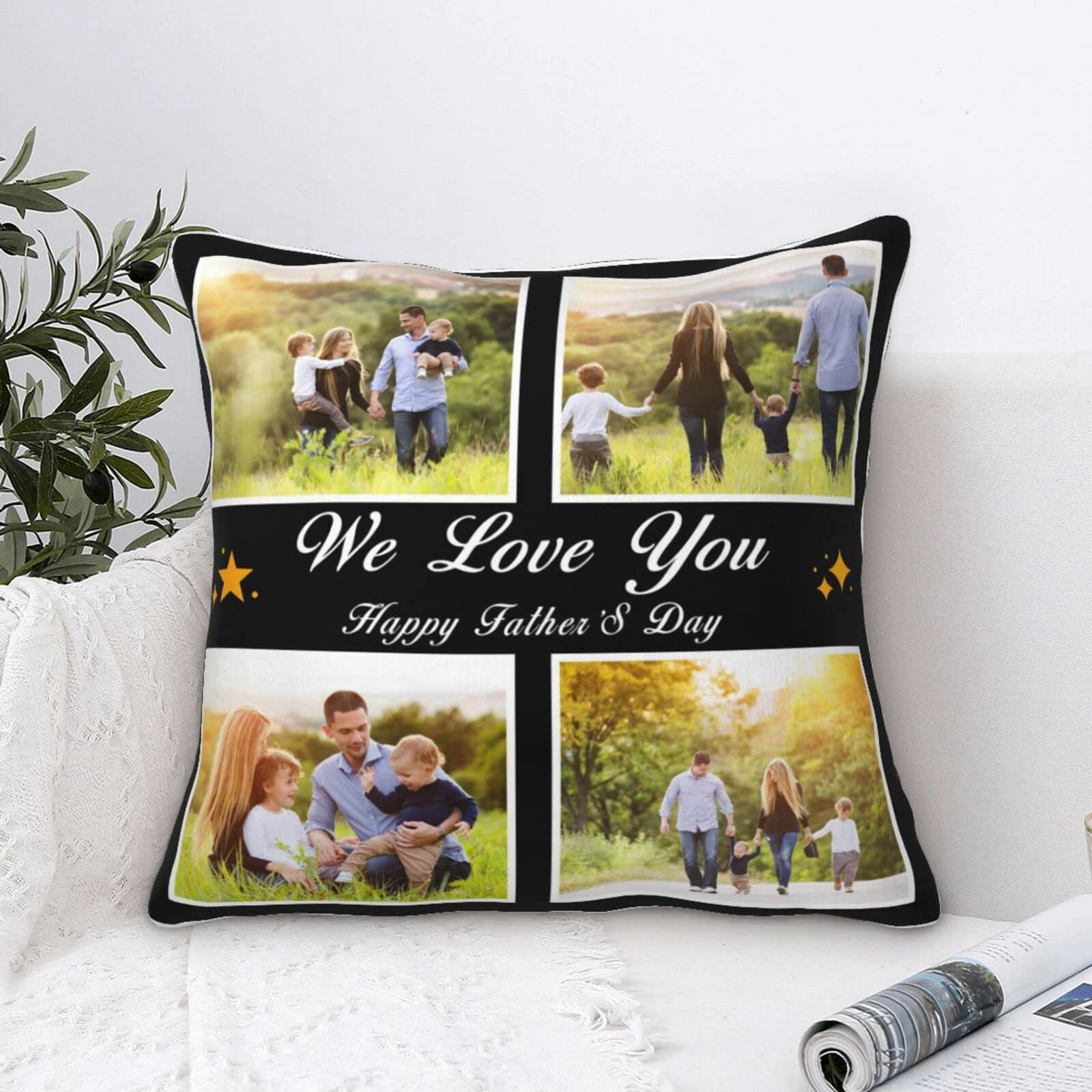 Custom 4 Photo Throw Pillow Covers - Personalized Text for Father's Day, Mother's Day, Christmas & Holidays - Home Decor Cushion Case for Sofa, Couch (No Insert) - Perfect for Gifts & Living Room Decor