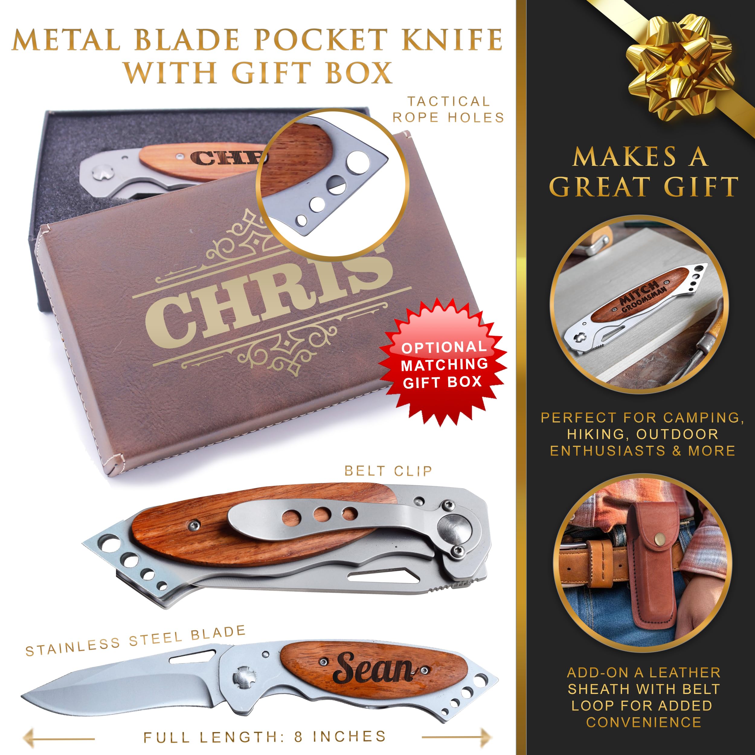 Custom Engraved Wood Handle Folding Pocket Knife - Personalized Gift for Groomsmen, Husband, Father - Perfect for Fishing, Hunting, Camping & Outdoor Adventures