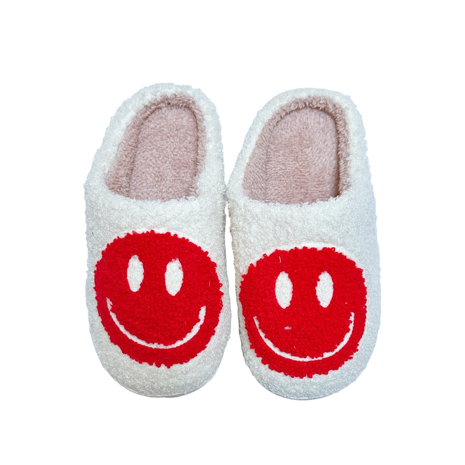 FLOOF Red Fluffy Smiley Face Slippers - Cozy Home Shoes for Women & Men, Perfect for Indoor Comfort, Lounge Wear, and Gift Giving