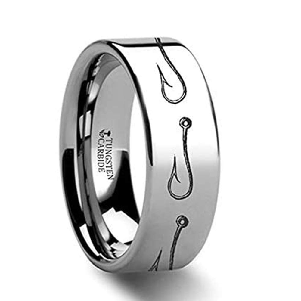 Simple Artistic Fishing Hook Pattern Engraved Flat Tungsten Ring - 8mm Wide Durable Wedding Band for Men, Perfect for Outdoor Enthusiasts & Fishermen