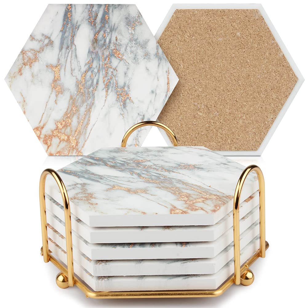Premium Absorbent Marble Drink Coasters Set with Cork Base - 6pc Elegant Ceramic Cup Coasters with Gold Metal Holder, Rustic Home Decor for Coffee Tables, Bars & Living Room (White) - Perfect for Protecting Wooden Surfaces from Condensation & Stains