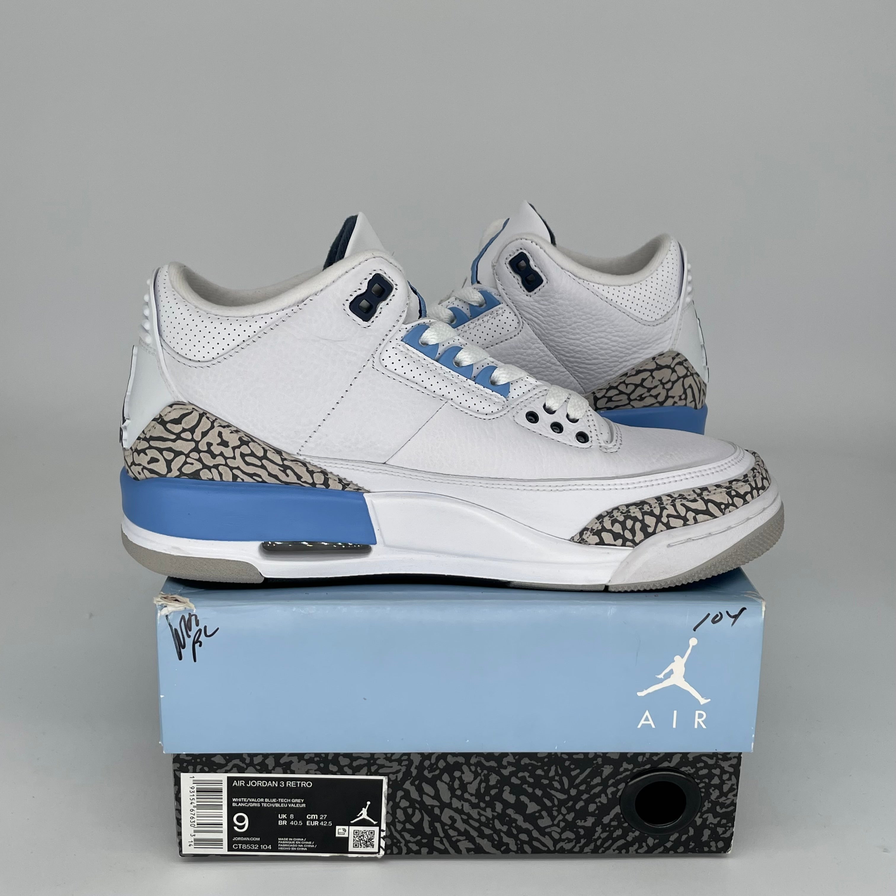 Original Air Jordan 3 Retro 'UNC' Men's Basketball Shoes - Size 9 (CT8532-104) - Authentic Sneakers for Sports, Casual Wear & Sneakerhead Collections