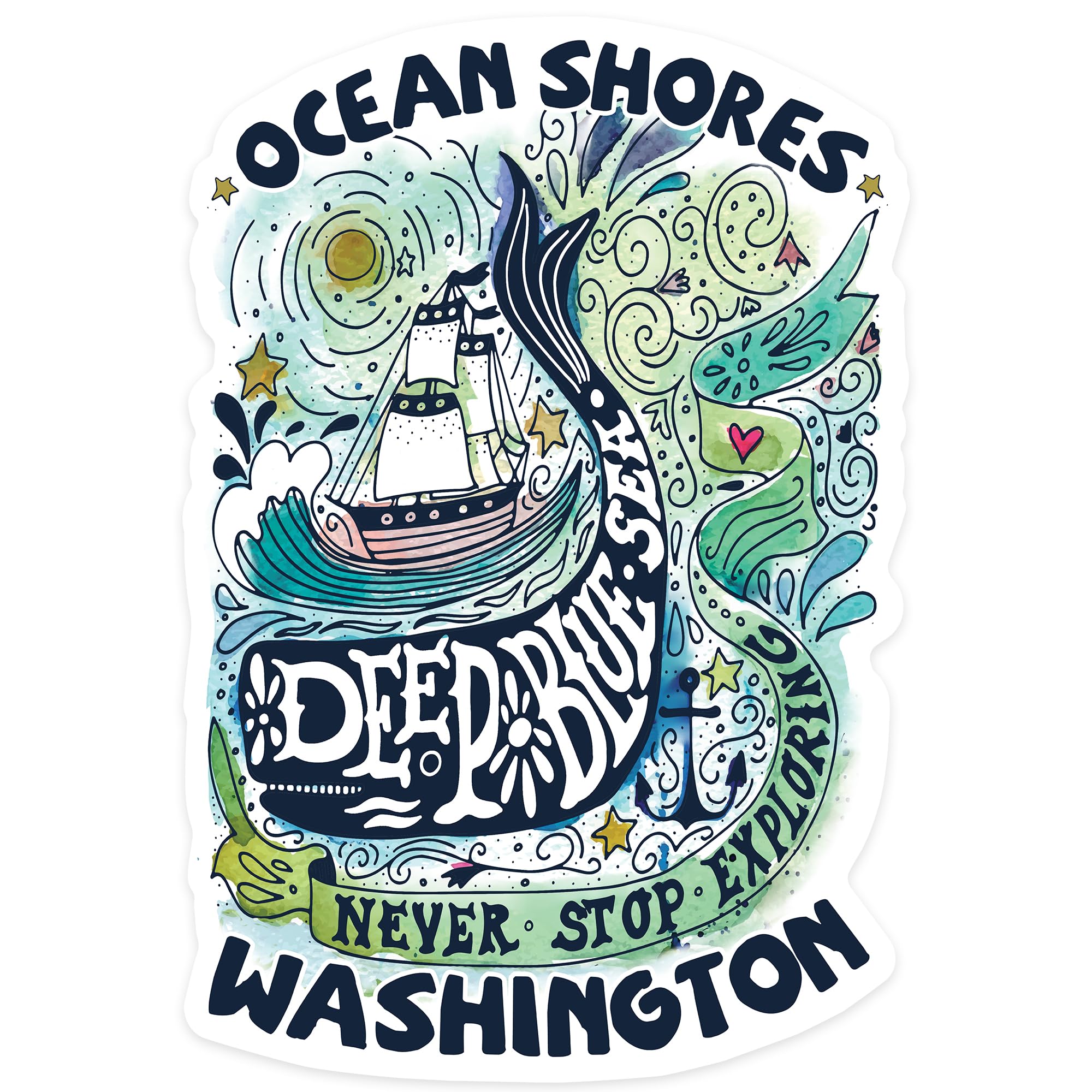 Watercolor Whale Die Cut Sticker - Ocean Shores Washington Artwork - 3 to 6 Inch Waterproof Vinyl Decal for Cars, Laptops, Water Bottles & Coolers - Perfect for Beach Lovers & Coastal Decor