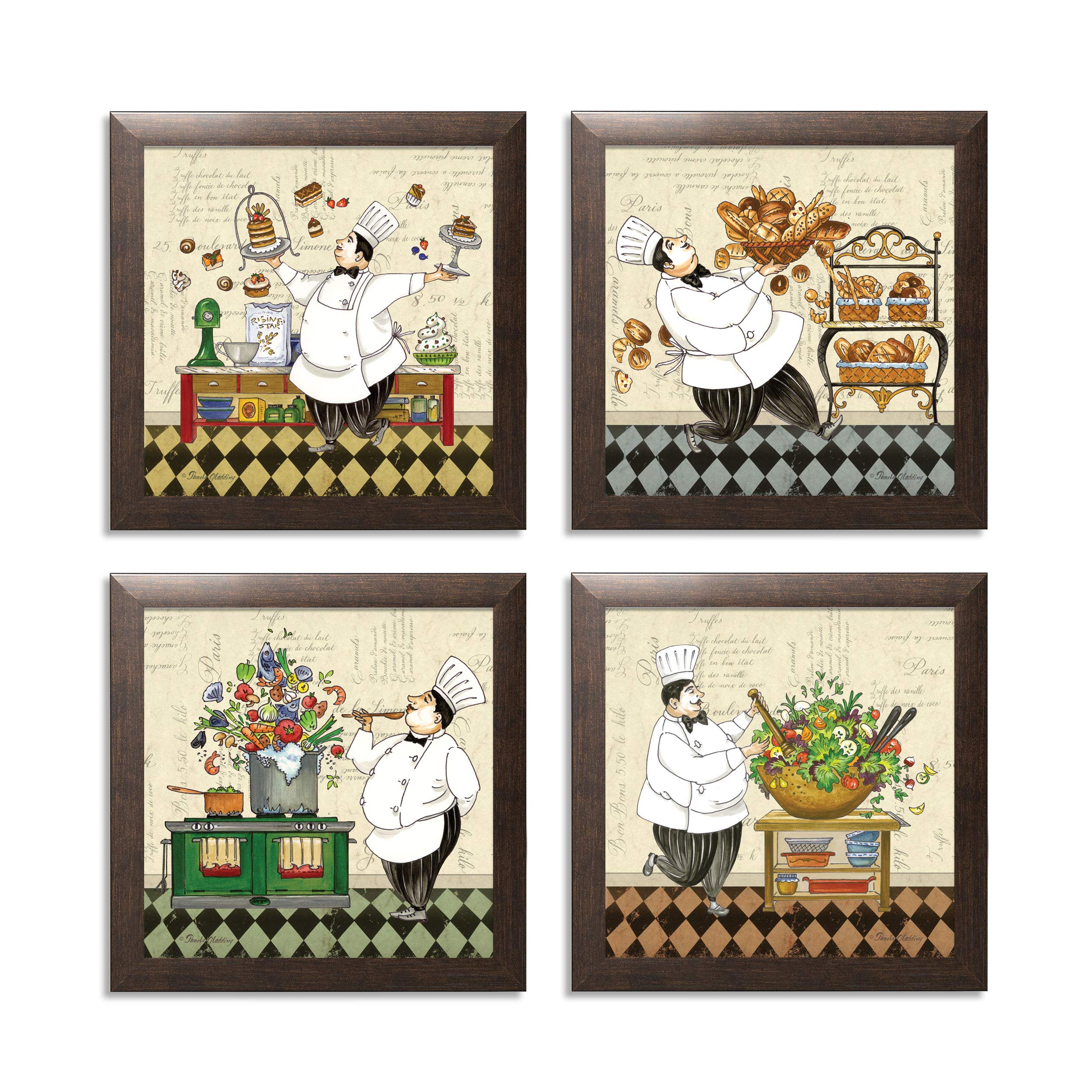 Vintage Chef Art Prints Set of 4 - 12x12 Inch Brown Framed Kitchen Decor for Soup, Salad, Pastry & Bread Lovers - Perfect for Dining Room Wall Decor & Restaurant Decoration