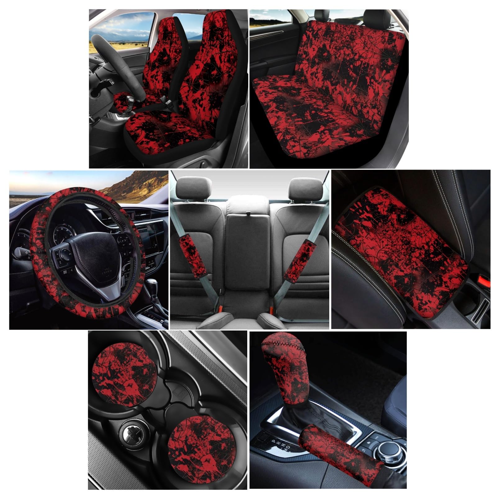 Premium Blood Print Car Seat Cover Full Set - Front & Back Seats, Steering Wheel Cover, Armrest Pad, Handbrake & Gear Shift Covers | Auto Seat Belt Pads & Cup Holder Coasters | Halloween & Horror Theme Car Accessories for Party Decorations & Themed Events