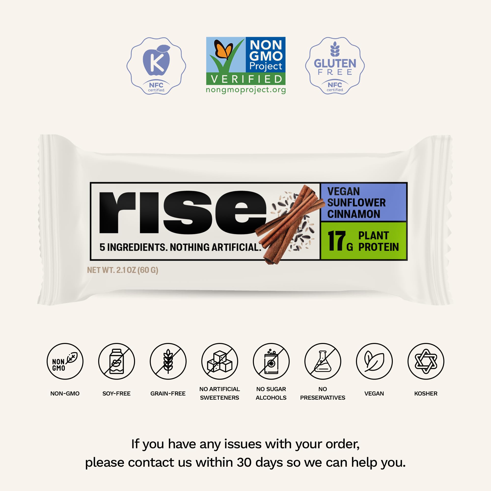 Rise Pea Protein Bar - Vegan Sunflower Cinnamon | High Protein Snack Bar with 17g Plant-Based Protein, Only 5 Whole Food Ingredients, Non-GMO, Gluten-Free, Soy-Free | Perfect for Breakfast, Post-Workout & Healthy On-the-Go Snacking