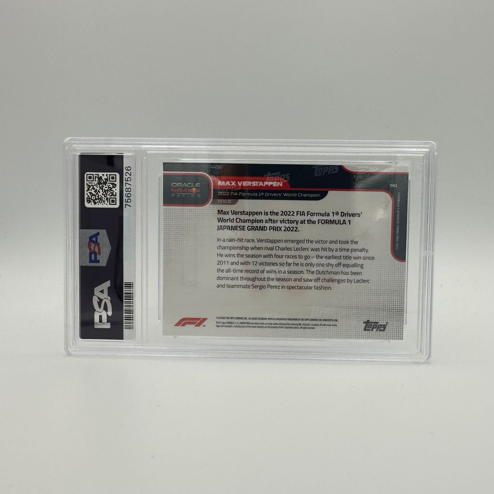 2022 Max Verstappen F1 World Champion #61 PSA 9 Graded Trading Card - Perfect for Sports Memorabilia Collections and F1 Racing Fans