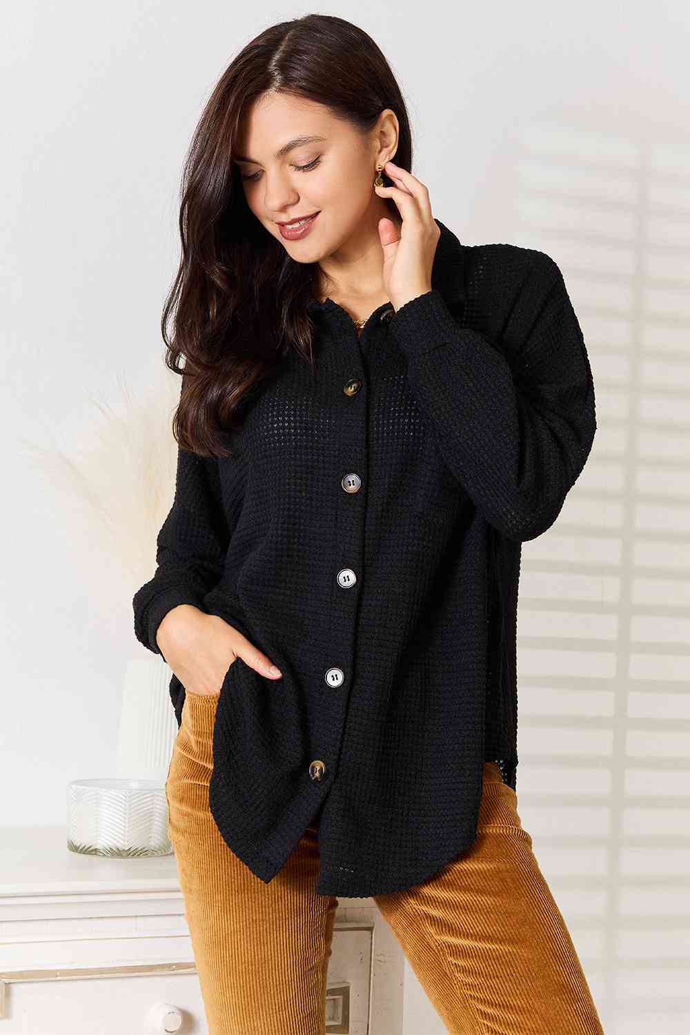 Black Waffle Knit Collared Drop Shoulder Shirt for Women - Stylish Long Sleeve Button Down Top for Casual Outfits & Fall Layering