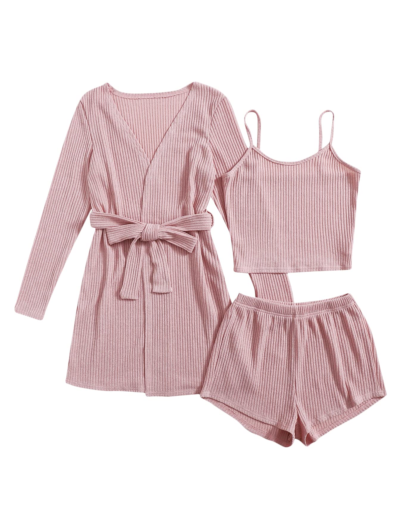 SOLY HUX Women's 3-Piece Lounge Set - Soft Rib Knit Sleepwear Pajama Set with Cami Top, Shorts & Cardigan Robe - Cozy Home Wear for Relaxing, Sleeping & Lounging