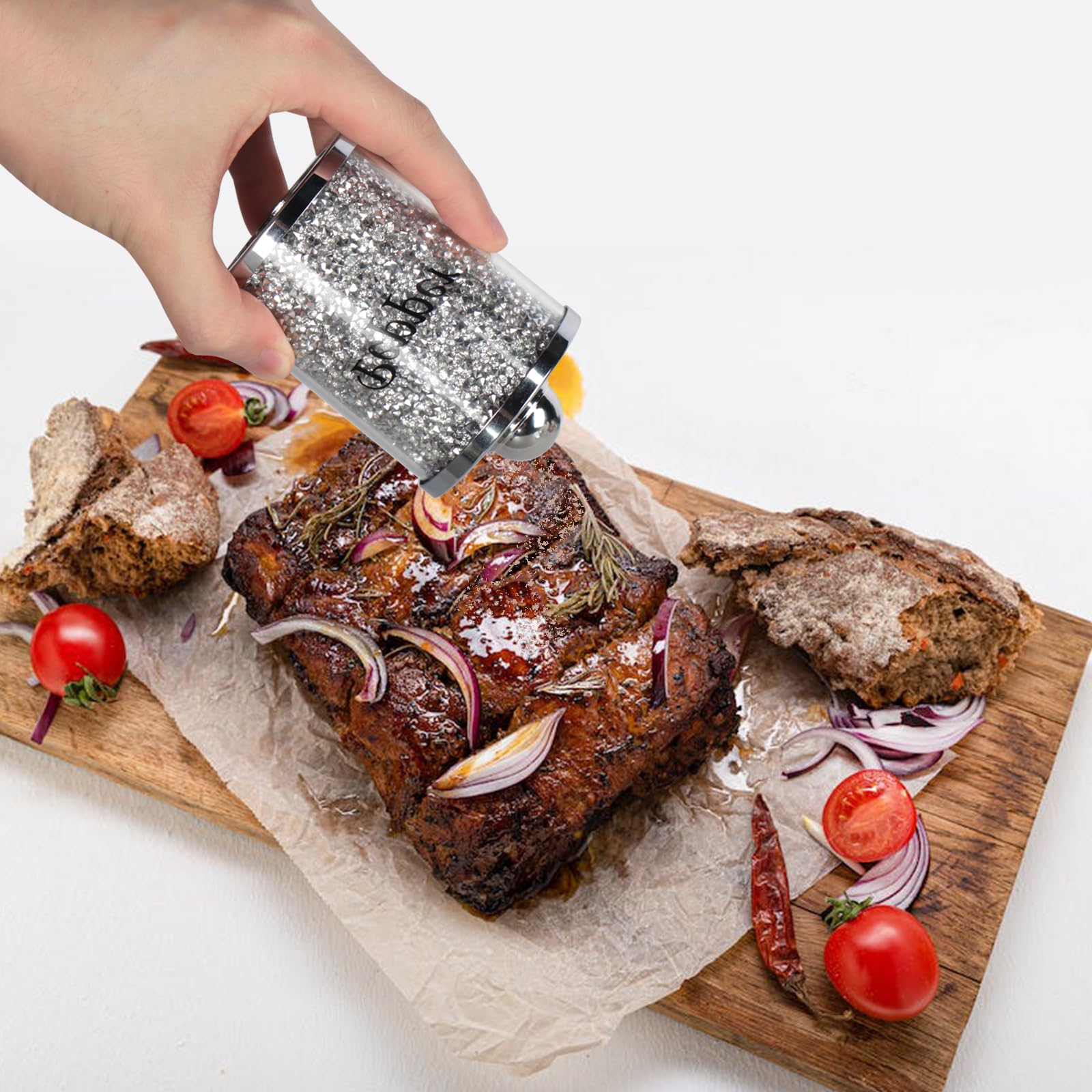 Sparkling Crystal Salt and Pepper Shakers Set with Elegant Tray - Diamond-Cut Luxury Kitchen Decor for Countertop - Perfect for Dining Table, Wedding Gifts & Home Entertaining - Silver Finish