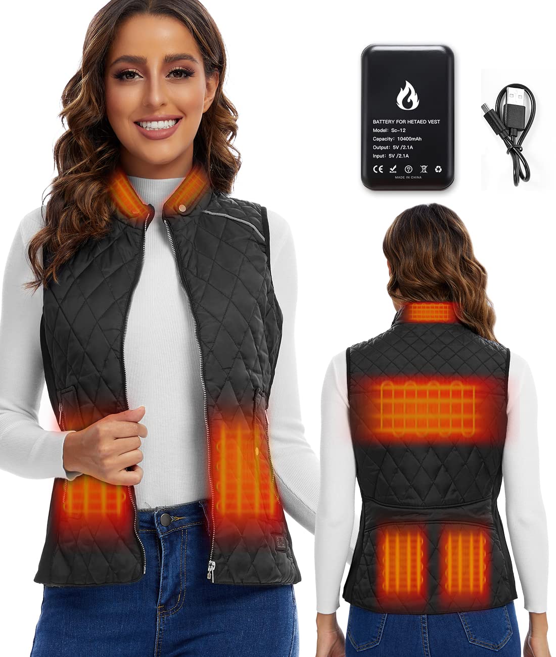 Tomilk Women's Heated Vest with Stand Collar - 6-Zone Heating Technology, Quilted Outerwear (Includes Battery) - Perfect for Winter Hiking, Outdoor Work & Cold Weather Activities