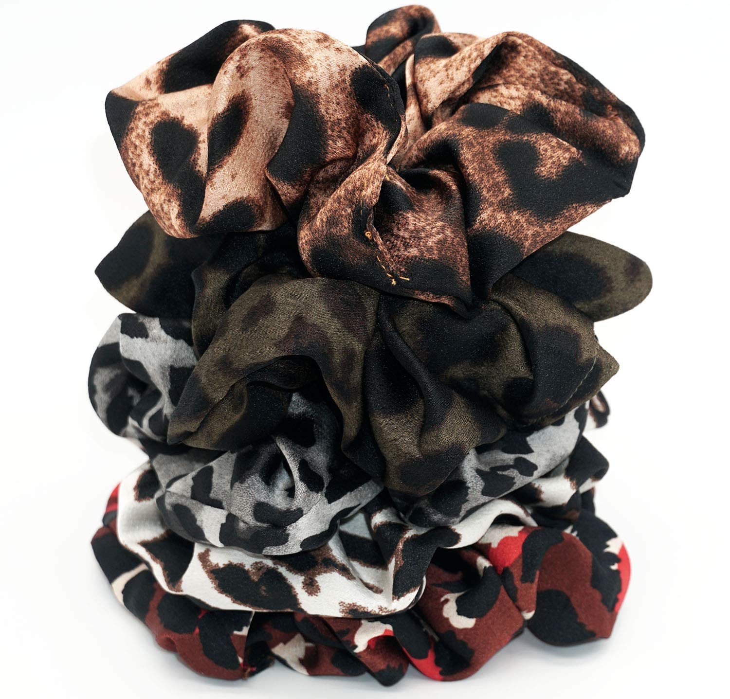 ALIBA COLLECTION 5-Pack Large Fashion Hair Scrunchies - Soft Chiffon Leopard Print Ponytail Holders, Elastic Hair Ties for Women & Girls (Multi-Design) - Perfect for Workouts, Office, Parties & Everyday Use