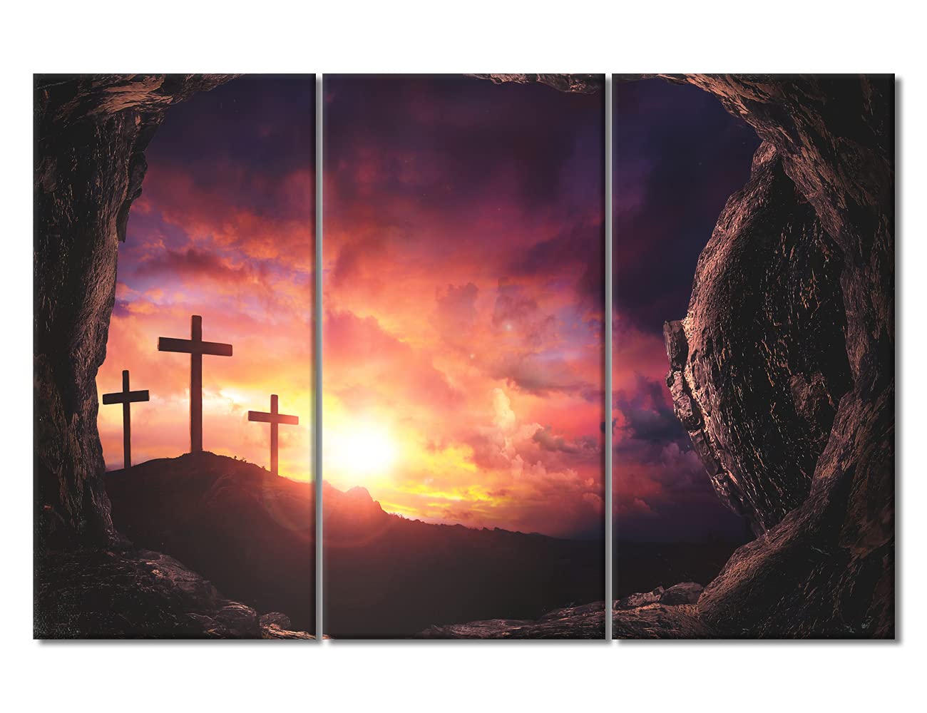 3 Piece Christian Wall Art - Jesus Resurrection & Mountain Landscape Gallery Wrapped Canvas Painting for Easter Decor, Living Room, Church (60
