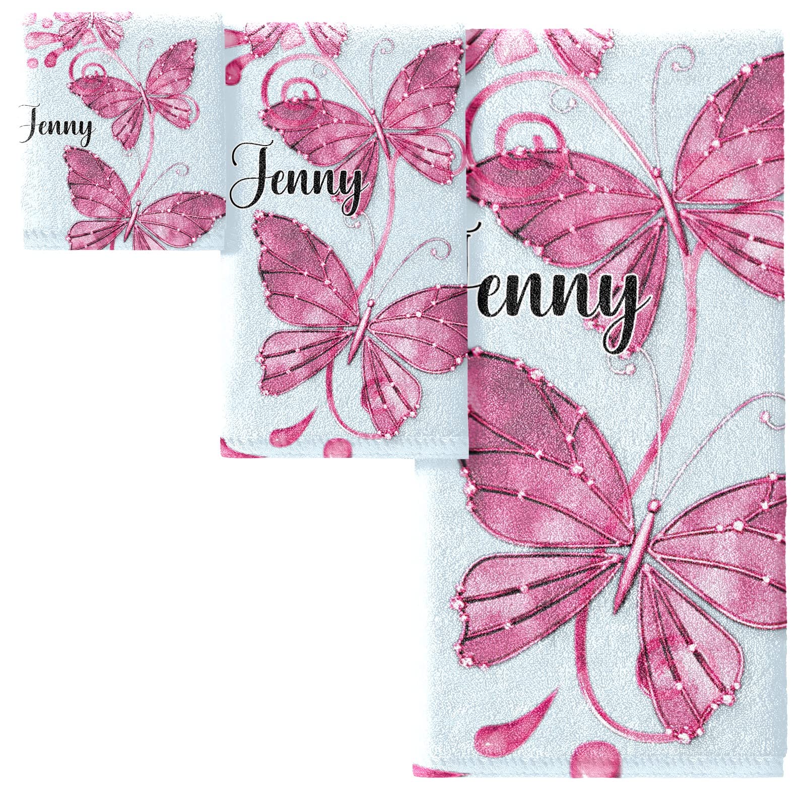 Personalized Pink Butterfly Name Bath Towel Set - 3 Piece Soft Bath, Hand & Washcloth Towels for Bathroom, Hotel, Gym, Spa & Kitchen - Perfect for Beach, Travel & Home Decor