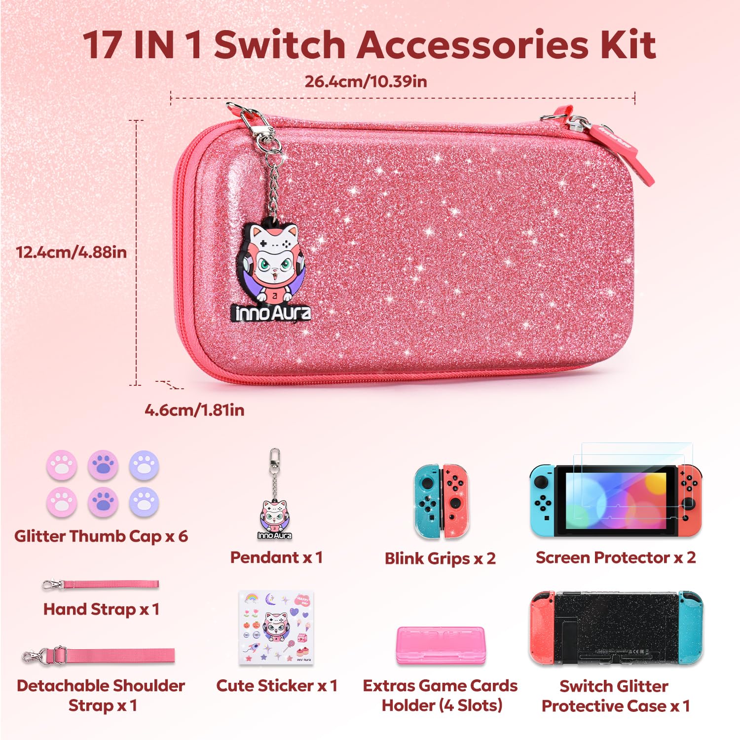 InnoAura 17-in-1 Nintendo Switch Accessories Bundle - Switch Carrying Case, Protective Case, Game Case, Screen Protector & Thumb Grips (Sequins Pink) | Perfect for Travel, Gaming On-The-Go & Switch Protection