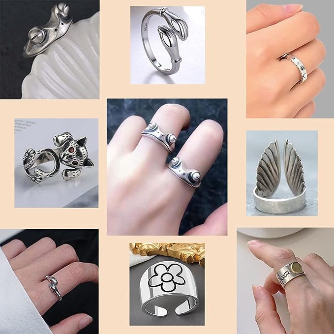 16 Pcs Silver Plated Frog Open Rings Set - Vintage Matching Couple Rings for Women & Men - Cute Snake, Hug, Moon & Sun Jewelry - Perfect for Gifts, Parties & Everyday Wear