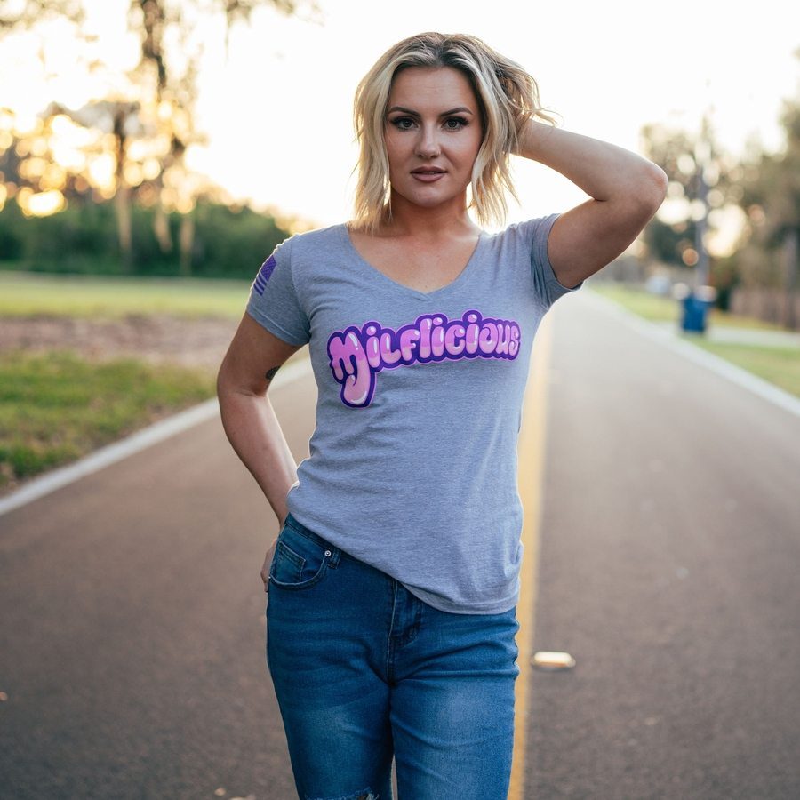 Women's Milflicious V-Neck T-Shirt - Soft Heather Gray Cotton Tee for Casual Wear & Everyday Outfits