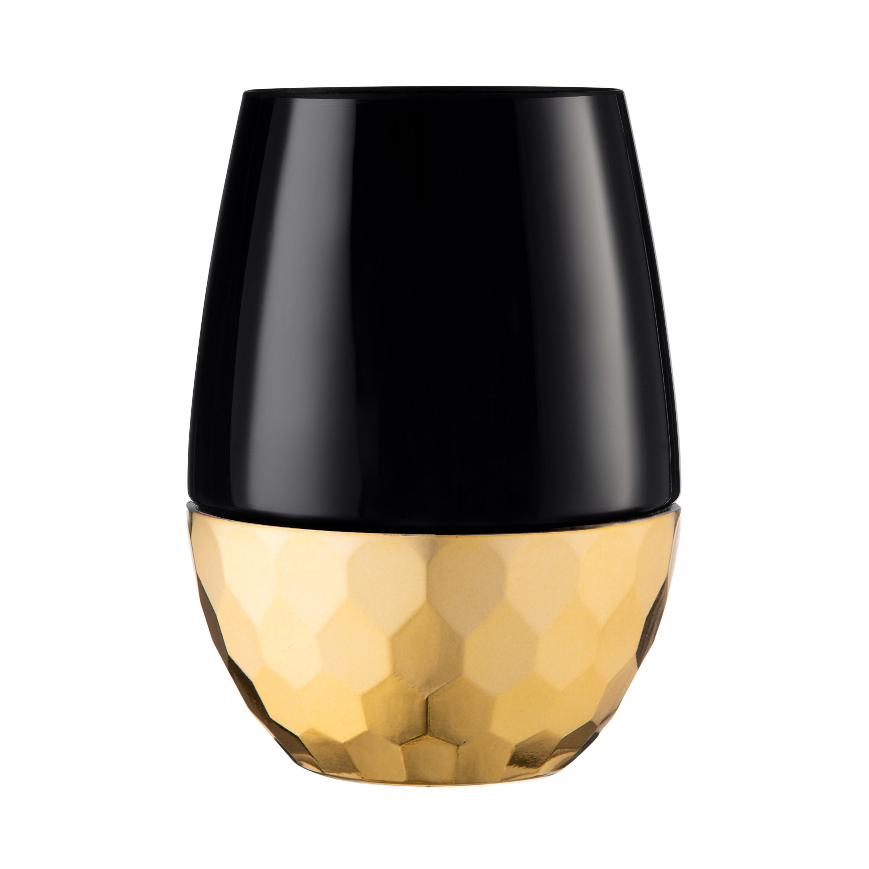 16 Oz Black Stemless Wine Glasses with Hammered Gold Design - Set of 6 - Perfect for Parties, Weddings, and Home Entertaining