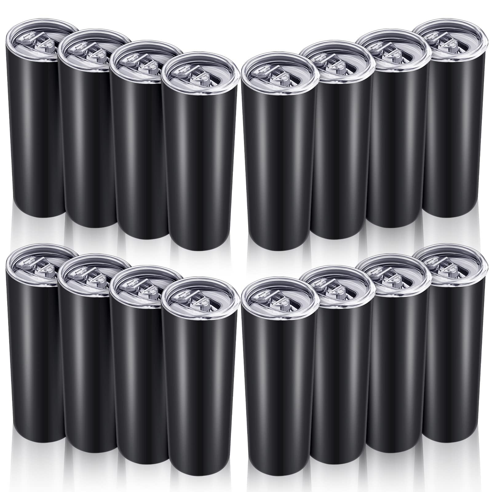 16 Pack 20 oz Stainless Steel Skinny Tumbler - Insulated Double Wall Travel Mug with Lid for Hot & Cold Drinks - Reusable Coffee Cup for Home, Office, Car & Outdoor Activities (Black)