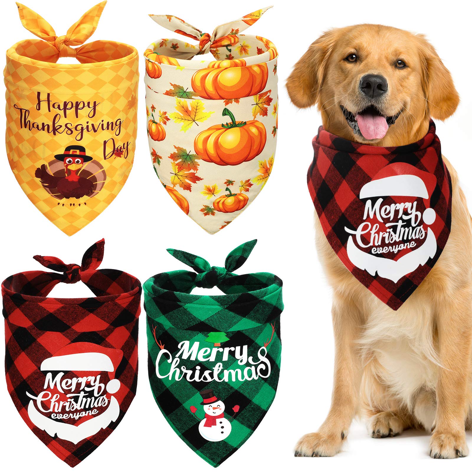 4 Pack Christmas Dog Bandanas - Thanksgiving Buffalo Plaid Pet Scarves, Fall Turkey Holiday Puppy Neckerchiefs for Dogs & Cats - Cotton Xmas Pet Costume Accessories for Holiday Parties & Family Photos